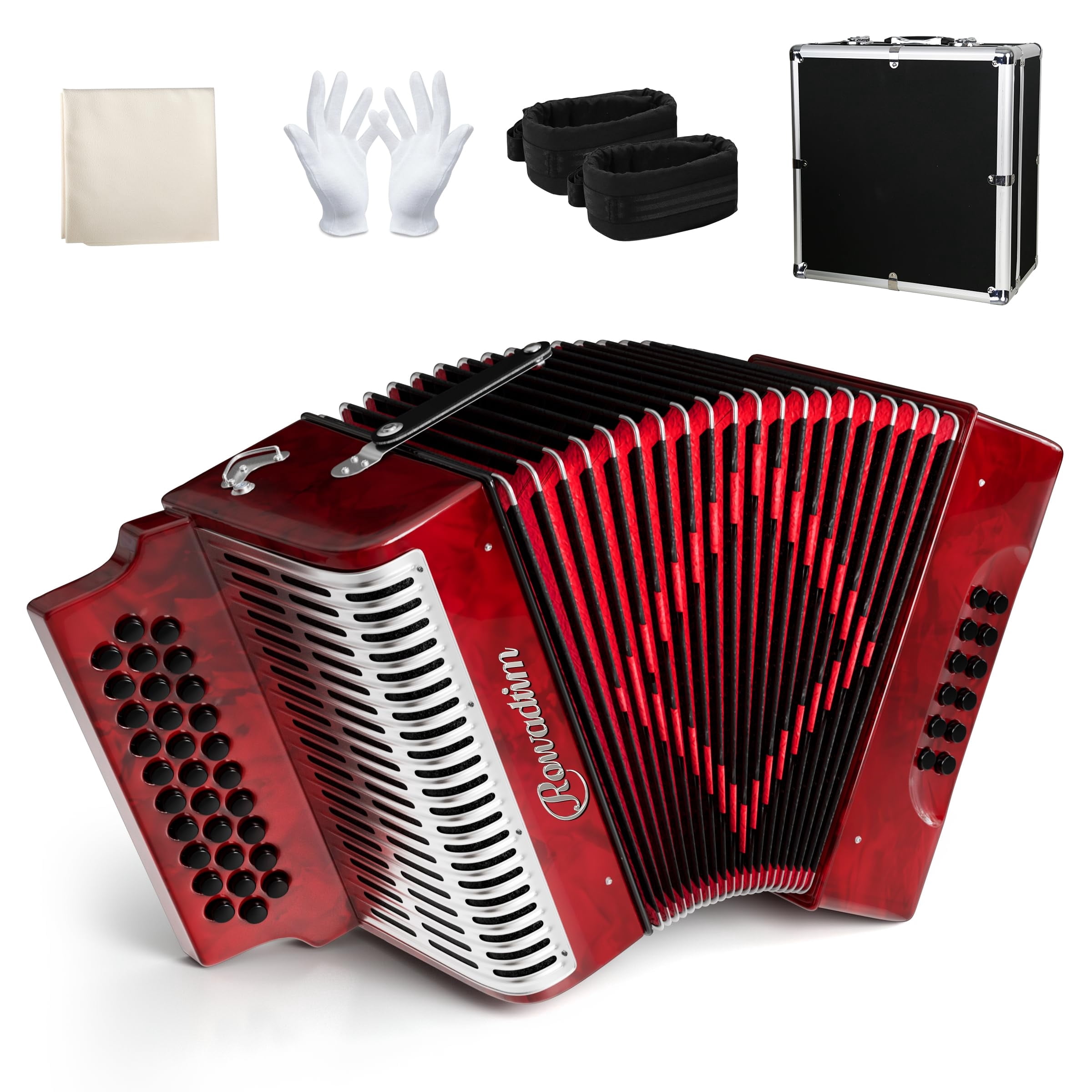 Rowadtim 31 Key Diatonic Accordions, 12 Bass Buttons (G/C/F Tuning) Suitable for Beginners, Adults, Performances and Teachers; Comes with  Case, Adjustable Strap, Gloves and Polishing Cloth (Red)