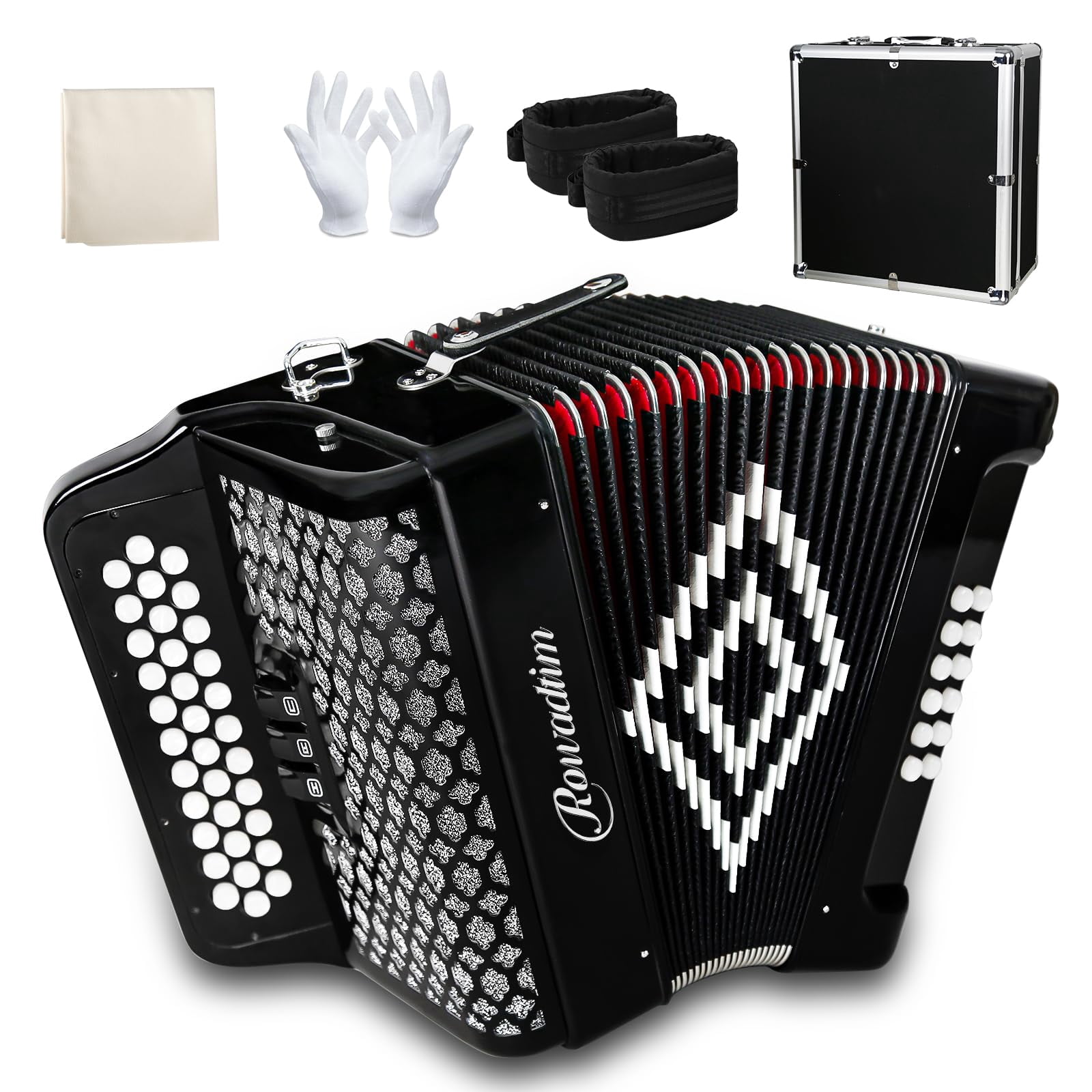 Rowadtim 34-Key Diatonic Accordion, 12 Bass Buttons, F/B/E Tuning, Push-Pull Heterophonic Design. Black Professional Beginner Accordion for Stage Performance, Practice, Ensemble Play & Music Training