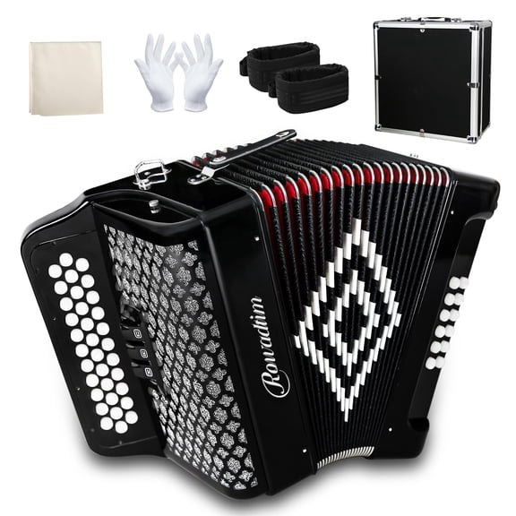 Rowadtim 34-Key Diatonic Accordion, 12 Bass Buttons, F/B/E Tuning, Push-Pull Heterophonic Design. Black Professional Beginner Accordion for Stage Performance, Practice, Ensemble Play & Music Training