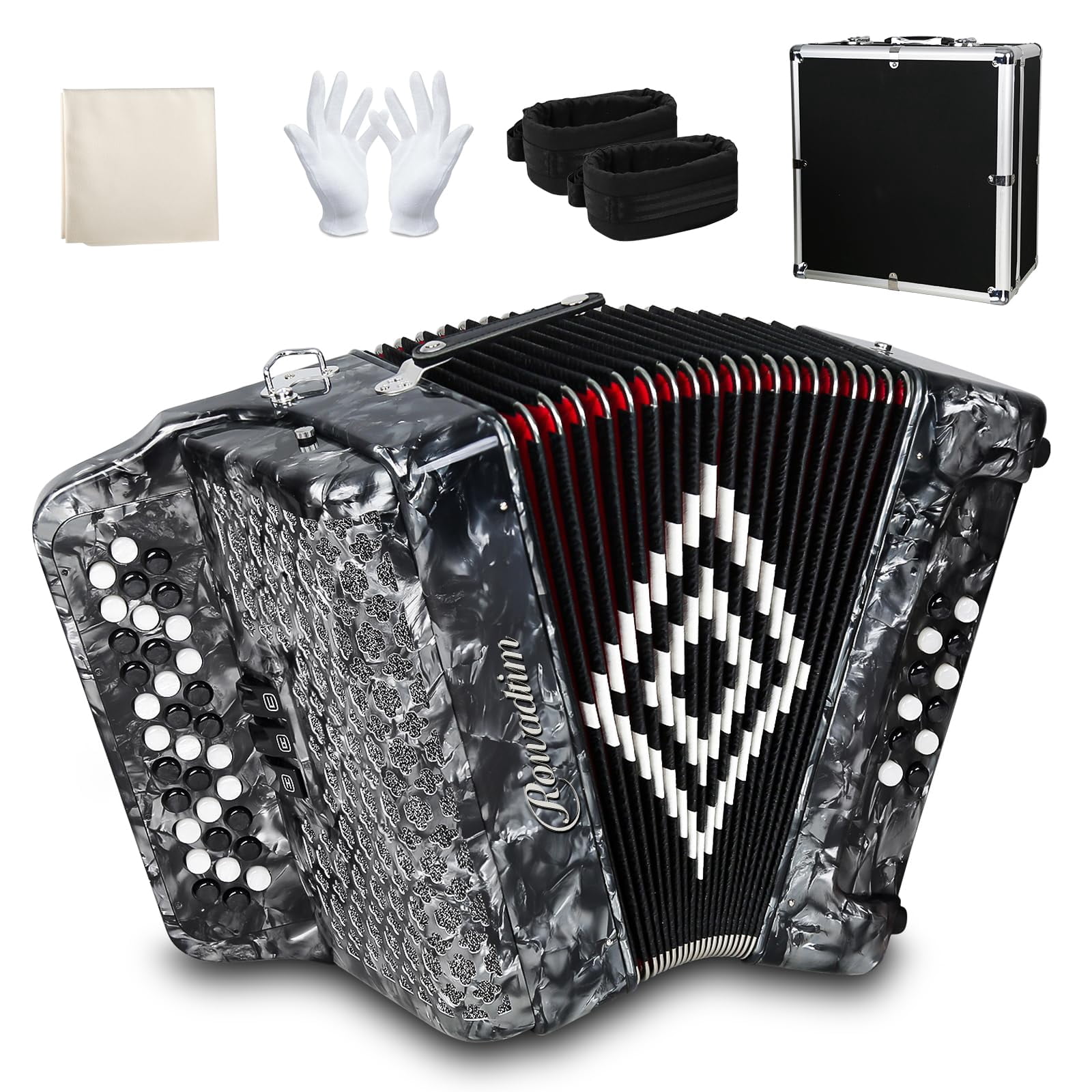 Rowadtim 34-Key Diatonic Accordion, 12 Bass Buttons, F/B/E Tuning, Push-Pull Heterophonic Design. Gray Professional Beginner Accordion for Stage Performance, Practice, Ensemble Play & Music Training