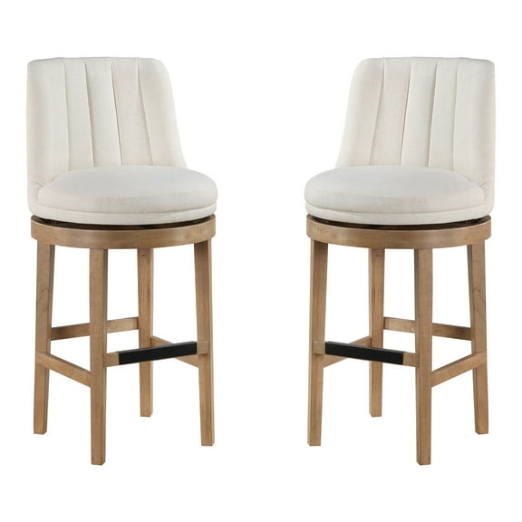 Rowan 2-Pack Swivel Barstool in Linen White Fabric with Medium Oak legs