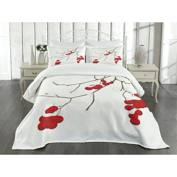 Rowan Bedspread, Branch of Plant Covered Snow Winter Season Christmas Tree Pattern, Decorative Quilted 3 Piece Coverlet Set with 2 Pillow Shams, Queen Size, Red White Umber, by Ambesonne