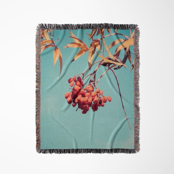 Rowan Berries In Pastel Colors. Autumn Scene, Woven Blanket