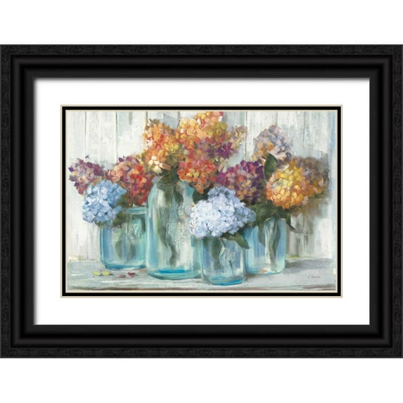 Rowan, Carol 18x13 Black Ornate Wood Framed with Double Matting Museum Art Print Titled - Fall Hydrangeas in Glass Jar Crop
