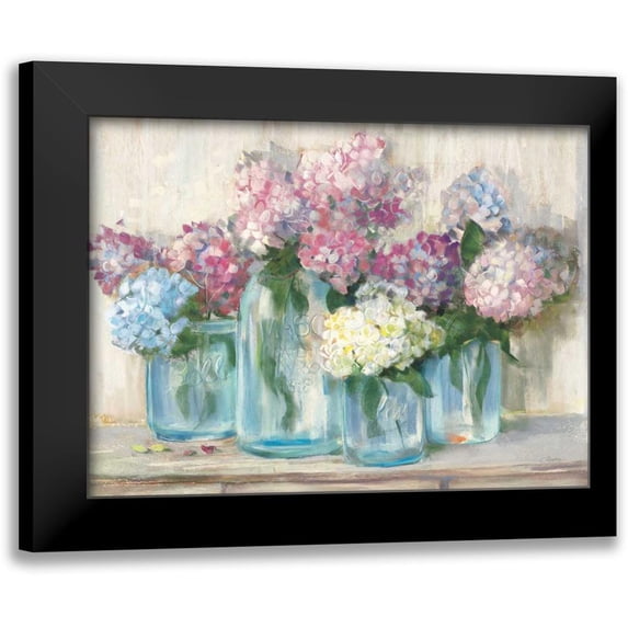 Rowan, Carol 18x14 Black Modern Framed Museum Art Print Titled - Hydrangeas in Glass Jar Pastel Crop
