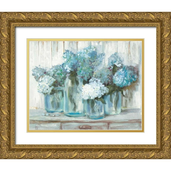 Rowan, Carol 18x15 Gold Ornate Wood Framed with Double Matting Museum Art Print Titled - Hydrangeas in Glass Jars Blue