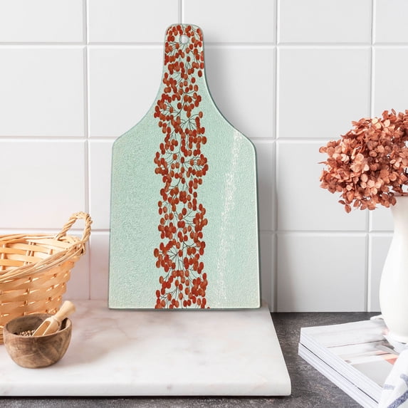 Rowan Cutting Board, Border with Wild Red Mountain Ashes on Twigs Hand Painted Natural Art Print, Tempered Glass Cutting and Serving Board, Wine Bottle Shape, Orange and Pearl, by Ambesonne