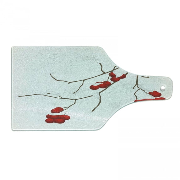 Rowan Cutting Board, Branch of Plant Covered Snow Winter Season Christmas Tree Pattern, Decorative Tempered Glass Cutting and Serving Board, Wine Bottle Shape, Red White Umber, by Ambesonne