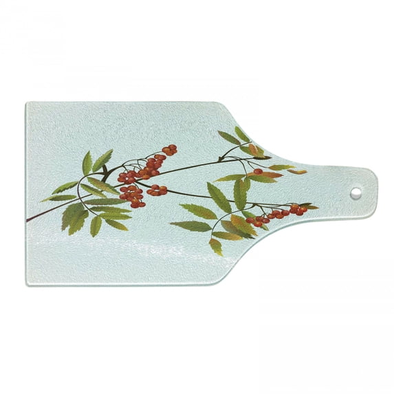 Rowan Cutting Board, Fresh Organic Ashberry Tree Botanical Natural Gardening Plants Illustration, Decorative Tempered Glass Cutting and Serving Board, Wine Bottle Shape, Green Red Brown, by Ambesonne
