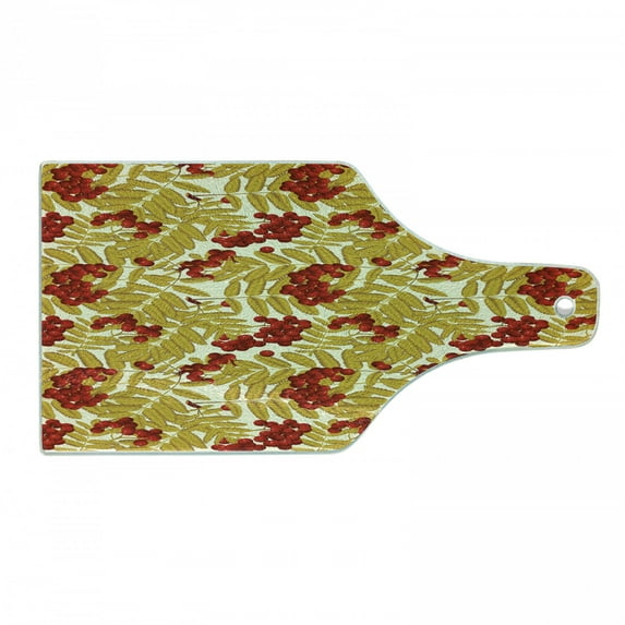 Rowan Cutting Board, Juicy Ripe Fruits Leafage Berries and Foliage Rural Nature Print, Decorative Tempered Glass Cutting and Serving Board, Wine Bottle Shape, Mustard Vermilion White, by Ambesonne