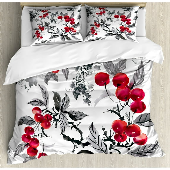 Rowan Duvet Cover Set, Art of Mountain Ash Plants Watercolor Painting Style Shrubs Forest Foliage, Decorative 3 Piece Bedding Set with 2 Pillow Shams, Calking Size, Ruby Grey Black, by Ambesonne