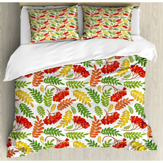 Rowan Duvet Cover Set, Autumnal Flora Wild Rural Nature Pattern Botanical Theme with Vibrant Colorful Leaves, Decorative 3 Piece Bedding Set with 2 Pillow Shams, Queen Size, Multicolor, by Ambesonne