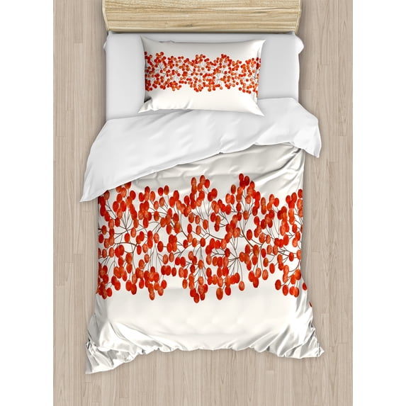 Rowan Duvet Cover Set, Border with Wild Red Mountain Ashes on Twigs Hand Painted Natural Art Print, Decorative 2 Piece Bedding Set with 1 Pillow Shams, Twin Size, Orange and Pearl, by Ambesonne