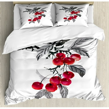 Rowan Duvet Cover Set, Branch of Rowan with Fruit in Watercolor Mountain Wild Nature Foliage Art, Decorative 3 Piece Bedding Set with 2 Pillow Shams, Calking Size, Grey Red Black, by Ambesonne