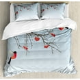thumbnail image 1 of Rowan Duvet Cover Set, Bullfinch Birds Flying and on Branches Winter Themed Graphic Design, Decorative 3 Piece Bedding Set with 2 Pillow Shams, Calking Size, Dark Brown Pale Blue, by Ambesonne, 1 of 3
