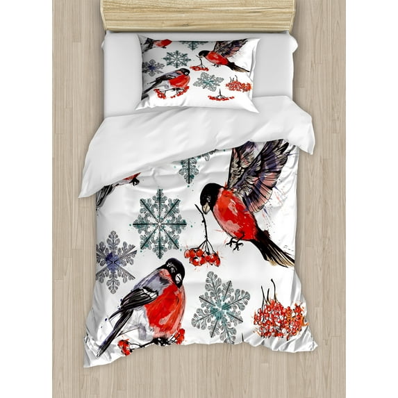 Rowan Duvet Cover Set, Christmas Pattern of Bullfinch Birds Snowflakes Rowan in Watercolor Style, Decorative 2 Piece Bedding Set with 1 Pillow Shams, Twin Size, Scarlet Grey Black, by Ambesonne