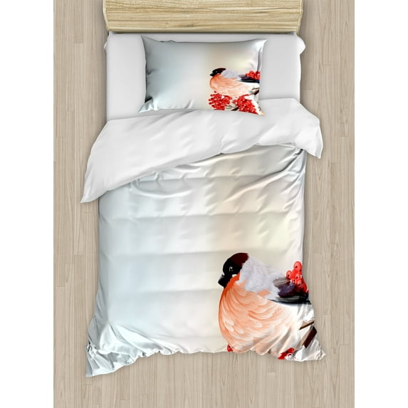Rowan Duvet Cover Set, Christmas Themed Corner Composition with Bird Sitting on Wild Berry Branch, Decorative 2 Piece Bedding Set with 1 Pillow Shams, Twin Size, Salmon Red Brown, by Ambesonne