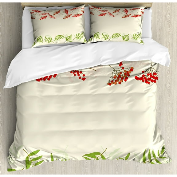 Rowan Duvet Cover Set, Graphic Border Design Berries Mountain Ashes Botanical Nature Themed, Decorative 3 Piece Bedding Set with 2 Pillow Shams, King Size, Fern Green Vermilion, by Ambesonne