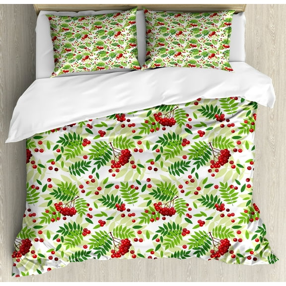 Rowan Duvet Cover Set, Green Leaves Wild Mountain Fruits Raceme Continuous Seasonal Pattern, Decorative 3 Piece Bedding Set with 2 Pillow Shams, King Size, Apple Green Fern Green, by Ambesonne