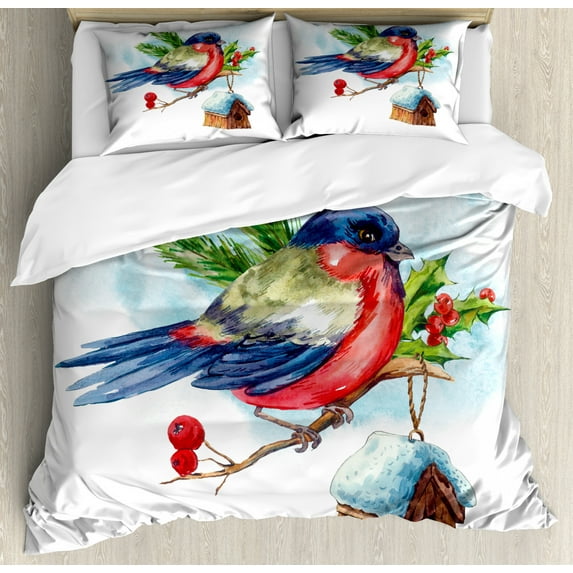 Rowan Duvet Cover Set King Size, Merry Christmas Composition with Cute Bullfinch Holly Pine Cone Bird House in Winter, Decorative 3 Piece Bedding Set with 2 Pillow Shams, Multicolor, by Ambesonne