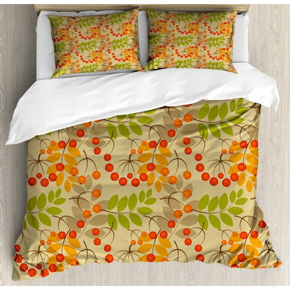 Rowan Duvet Cover Set King Size, Vivid Colorful Graphic Pattern of Rural Foliage Fruits in Autumn Season Warm Colors, Decorative 3 Piece Bedding Set with 2 Pillow Shams, Multicolor, by Ambesonne