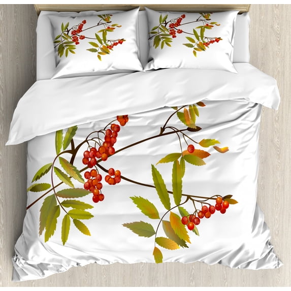 Rowan Duvet Cover Set Queen Size, Fresh Organic Ashberry Tree Botanical Natural Gardening Plants Illustration, Decorative 3 Piece Bedding Set with 2 Pillow Shams, Green Red Brown, by Ambesonne
