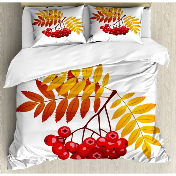 Rowan Duvet Cover Set, Realistic Vivid Ripe Berries in Fall Season Orange Leaves Rural Plant, Decorative 3 Piece Bedding Set with 2 Pillow Shams, Calking Size, Dark Orange Yellow Red, by Ambesonne