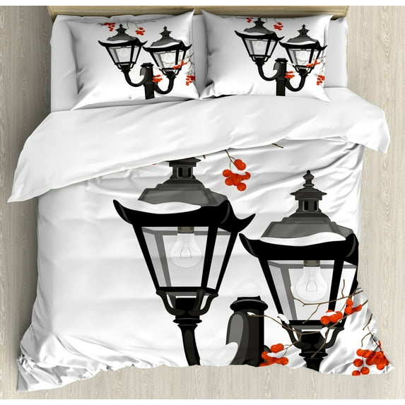Rowan Duvet Cover Set, Street Lamp Among Snowy Rowan Branches Christmas Winter Season Print, Decorative 3 Piece Bedding Set with 2 Pillow Shams, King Size, Charcoal Grey and Orange, by Ambesonne