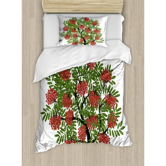 Rowan Duvet Cover Set, Rowan Tree Full of Fruits Fresh Organic Ecology Themed Art, Decorative 2 Piece Bedding Set with 1 Pillow Shams, Twin Size, Olive Green Dark Coral, by Ambesonne