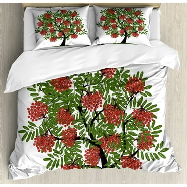Rowan Duvet Cover Set, Rowan Tree Full of Fruits Fresh Organic Ecology Themed Art, Decorative 3 Piece Bedding Set with 2 Pillow Shams, Queen Size, Olive Green Dark Coral, by Ambesonne