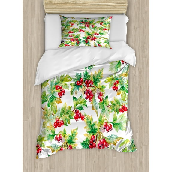 Rowan Duvet Cover Set, Watercolor Style Branches with Rowan Berries Winter Christmas Concept, Decorative 2 Piece Bedding Set with 1 Pillow Shams, Twin Size, Scarlet Mustard Green, by Ambesonne