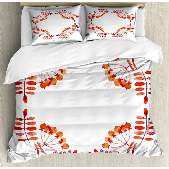 Rowan Duvet Cover Set, Watercolor Style Leaves with Fruits Square Frame Design Autumn Colors, Decorative 3 Piece Bedding Set with 2 Pillow Shams, Calking Size, Red Orange White, by Ambesonne