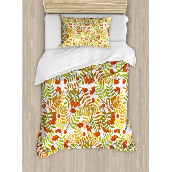 Rowan Duvet Cover Set, Wilderness Rural Nature Theme in Autumn Season Rowan Flora Plant Shrubs, Decorative 2 Piece Bedding Set with 1 Pillow Shams, Twin Size, Green Orange Yellow, by Ambesonne