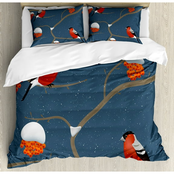 Rowan Duvet Cover Set, Winter Pattern with Snowy Tree Branches Orange Berries and Bullfinch Birds, Decorative 3 Piece Bedding Set with 2 Pillow Shams, Calking Size, Dark Blue Orange Red, by Ambesonne