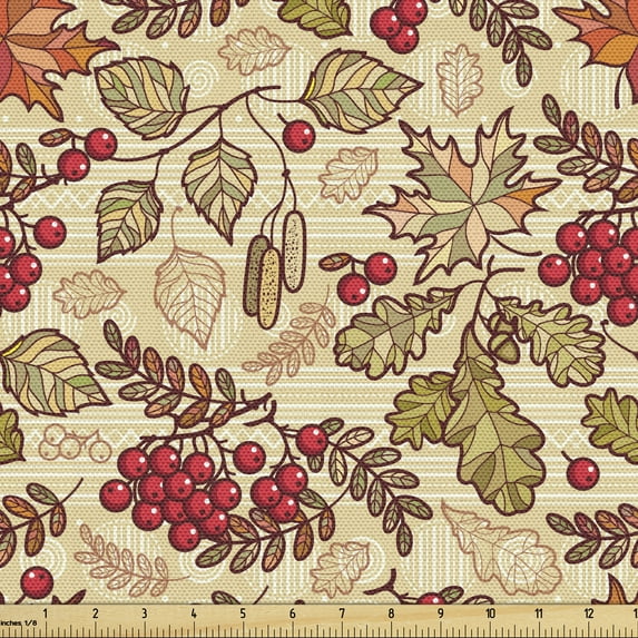Ambesonne Rowan Fabric by the Yard Upholstery, Fall Themed Mixed Pattern, 1 Yard, Multicolor