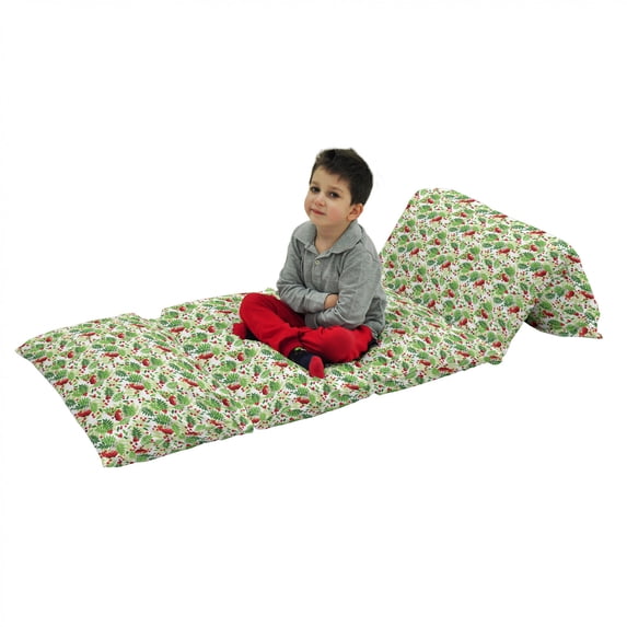 Rowan Floor Pillow Lounger Cover, Green Leaves Wild Mountain Fruits Raceme Continuous Seasonal Pattern, Nap Mat Printed Fabric Case for 5 Pillows, 88" x 27", Apple Green Fern Green, by Ambesonne