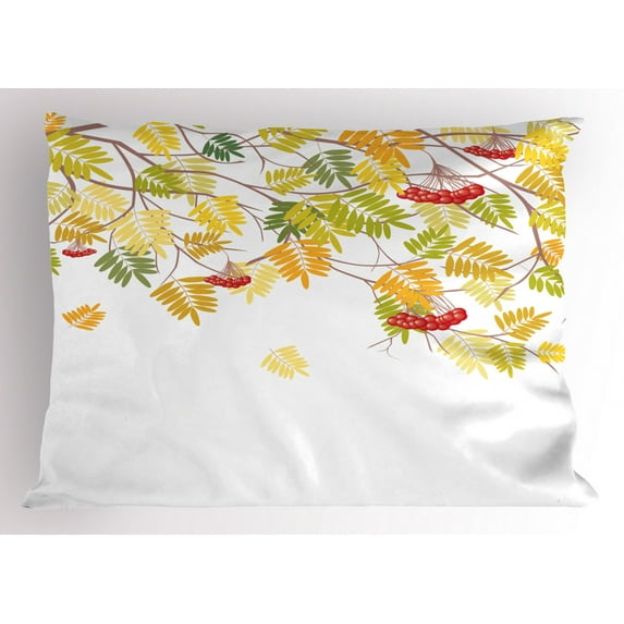 Rowan Pillow Sham Colorful Autumn Season Theme Vivid Rowan Tree with Fruits and Dried Leaves Graphic, Decorative Standard Size Printed Pillowcase, 26 X 20 Inches, Multicolor, by Ambesonne