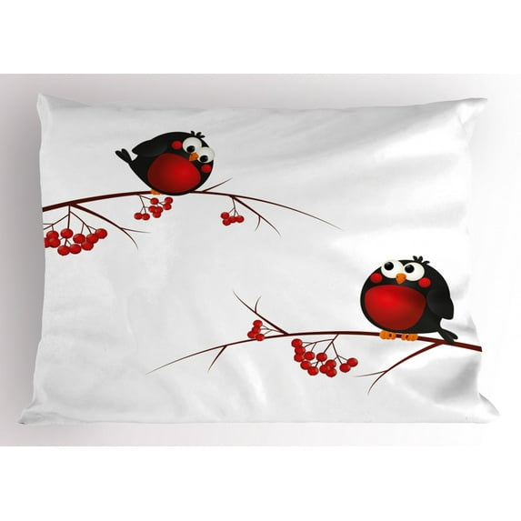 Rowan Pillow Sham Cute Kids Themed Cartoon Style Birds on Branches Funny Happy Christmas Design, Decorative Standard King Size Printed Pillowcase, 36 X 20 Inches, Red Black White, by Ambesonne