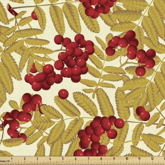 Rowan Sofa Upholstery Fabric by the Yard, Juicy Ripe Fruits Leafage Berries and Foliage Rural Nature Print, Decorative Fabric for DIY & Home Accents, 3 Yards, Mustard Vermilion White by Ambesonne