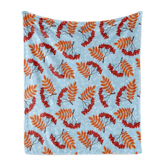 Rowan Soft Flannel Fleece Blanket, Abstract Backdrop with Dried Leaf and Bunch of Vivid Berries Mountain Ash, Cozy Plush for Indoor and Outdoor Use, 60" x 80", Pale Blue Red Orange, by Ambesonne