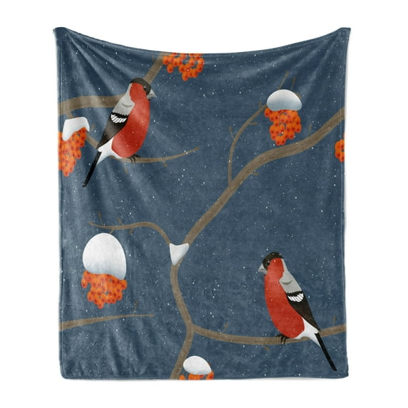 Rowan Soft Flannel Fleece Blanket, Winter Pattern with Snowy Tree Branches Orange Berries and Bullfinch Birds, Cozy Plush for Indoor and Outdoor Use, 50" x 70", Dark Blue Orange Red, by Ambesonne