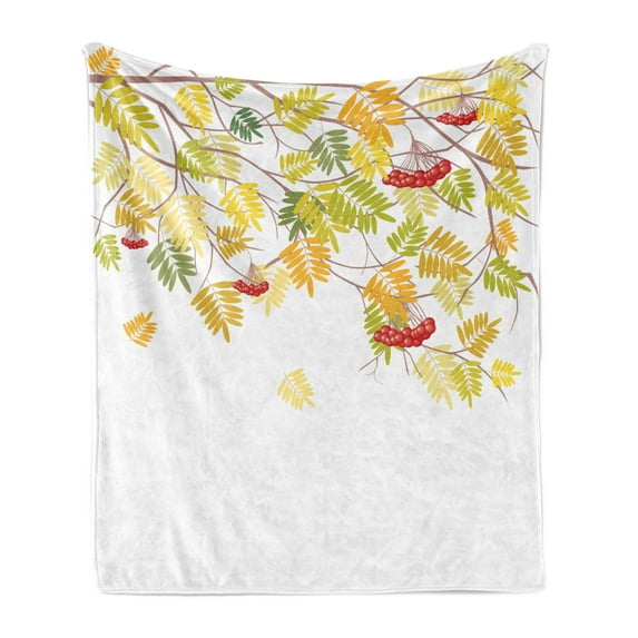 Rowan Soft Flannel Fleece Throw Blanket, Colorful Autumn Season Theme Vivid Rowan Tree with Fruits and Dried Leaves Graphic, Cozy Plush for Indoor and Outdoor Use, 70" x 90", Multicolor, by Ambesonne