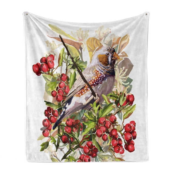 Rowan Soft Flannel Fleece Throw Blanket, Colorful Bird Flower and Rowan Shrubs on White Backdrop Display Botanical, Cozy Plush for Indoor and Outdoor Use, 70" x 90", Multicolor, by Ambesonne