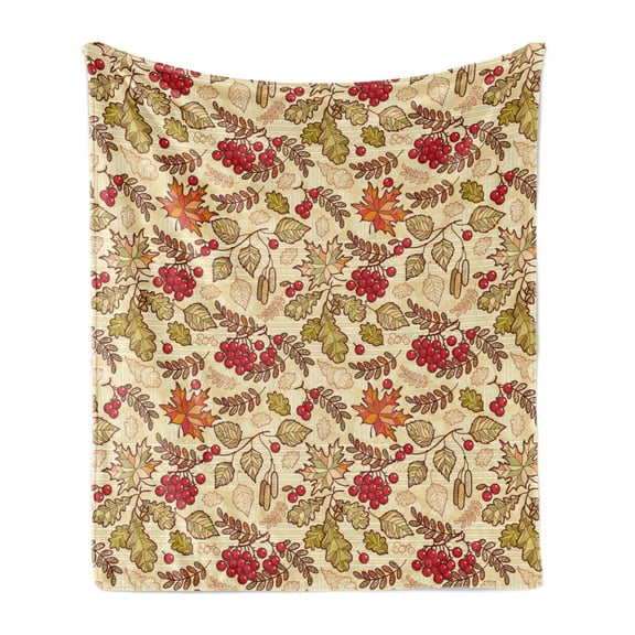 Rowan Soft Flannel Fleece Throw Blanket, Fall Season Themed Mixed Pattern with Maple Birch Oak Autumn Leaves and Ashberries, Cozy Plush for Indoor and Outdoor Use, 70" x 90", Multicolor, by Ambesonne