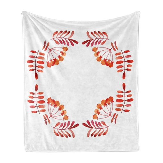 Rowan Soft Flannel Fleece Throw Blanket, Watercolor Style Leaves with Fruits Square Frame Design Autumn Colors, Cozy Plush for Indoor and Outdoor Use, 60" x 80", Red Orange White, by Ambesonne