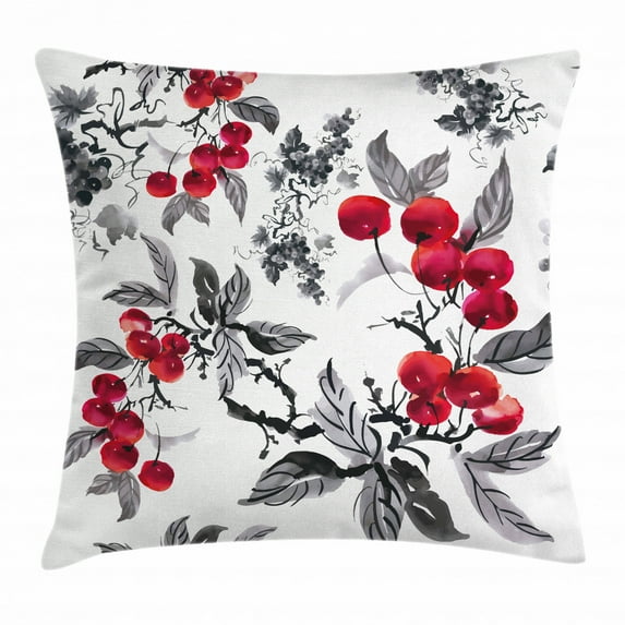 Rowan Throw Pillow Cushion Cover, Artwork of Mountain Ash Plants Watercolor Painting Style Shrubs Forest Foliage, Decorative Square Accent Pillow Case, 20 X 20 Inches, Ruby Grey Black, by Ambesonne