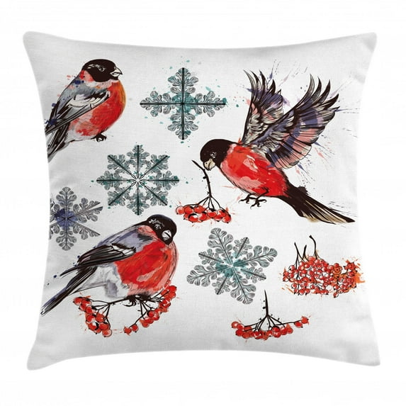 Rowan Throw Pillow Cushion Cover, Christmas Collection of Bullfinch Birds Snowflakes Rowan in Watercolor Style, Decorative Square Accent Pillow Case, 16 X 16 Inches, Scarlet Grey Black, by Ambesonne