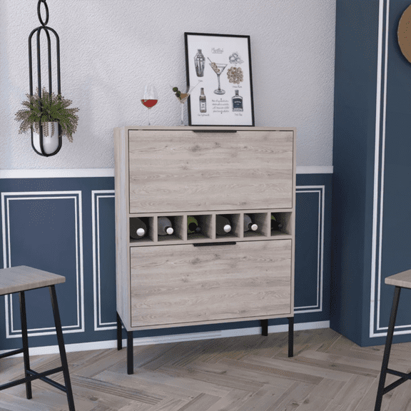 Rowan Wooden Bar Cabinet with 6-Bottle Wine Rack - Double Door Storage, 34.3 Top Surface for Entertaining