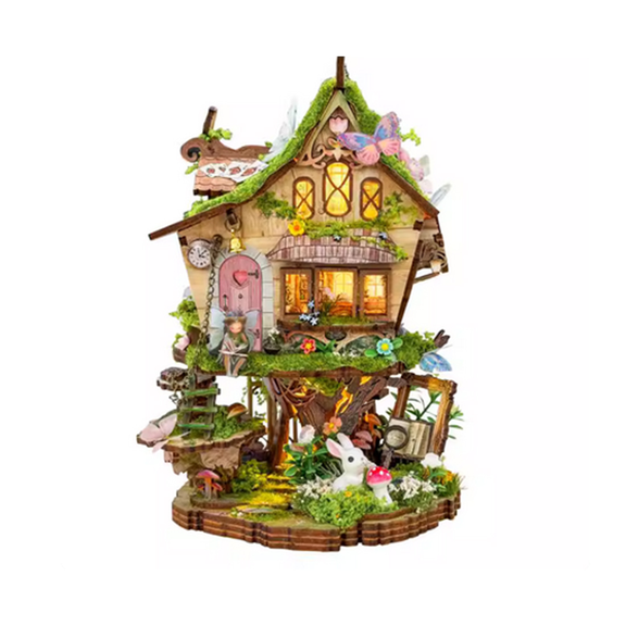 Rowan's Treehouse DIY Book Nook Bookend Wooden Miniature House Model Kit with LED Light Forest Treehouse Scene Bookshelf Decor for Adults Hobbyists