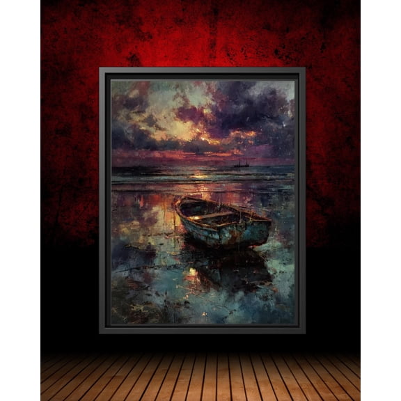 Rowboat At Low Tide Art Poster, Moody Seascape, Sunset Reflections, Coastal Wall Art, Impressionist Ocean Landscape, Nautical Decor, Unframed Poster Size 8x12